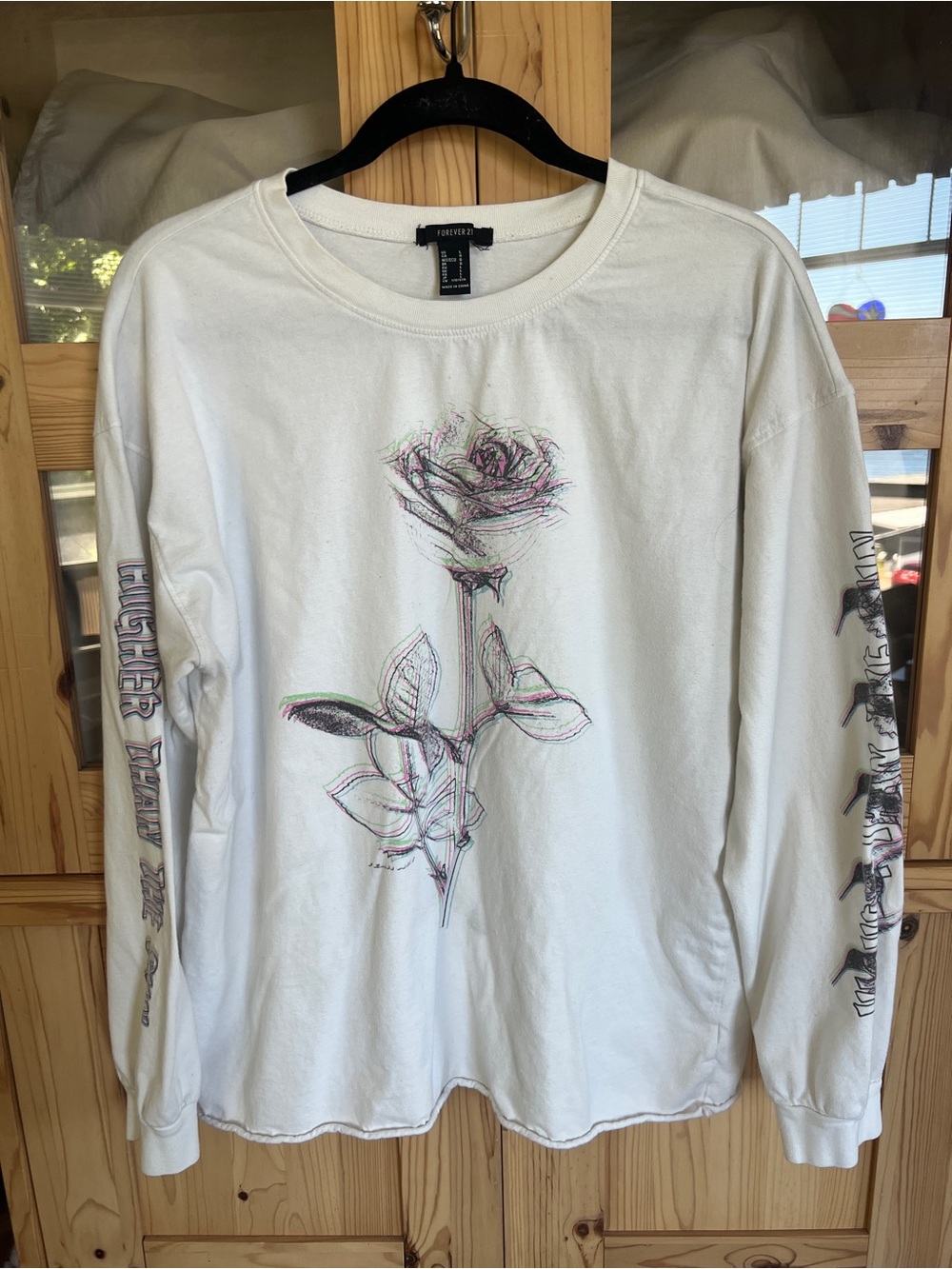 Forever 21 White Long Sleeve Tee with Sketch Rose Graphic